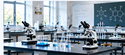 Empty educational laboratory with microscopes, glassware and classroom board.